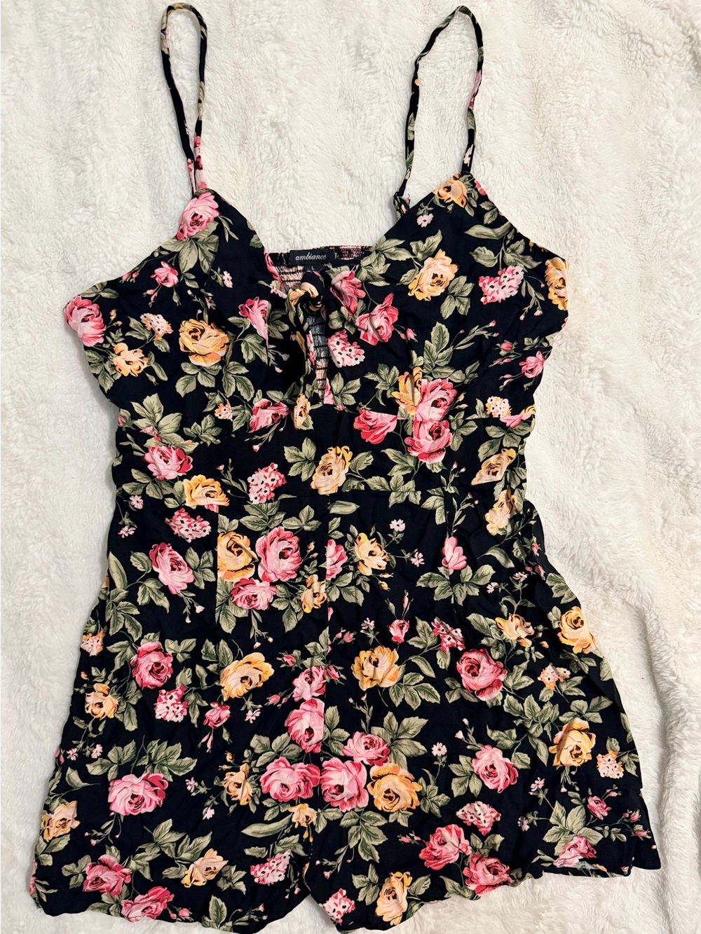 Ambiance Black Floral Cami Romper with Pink & Yellow Roses